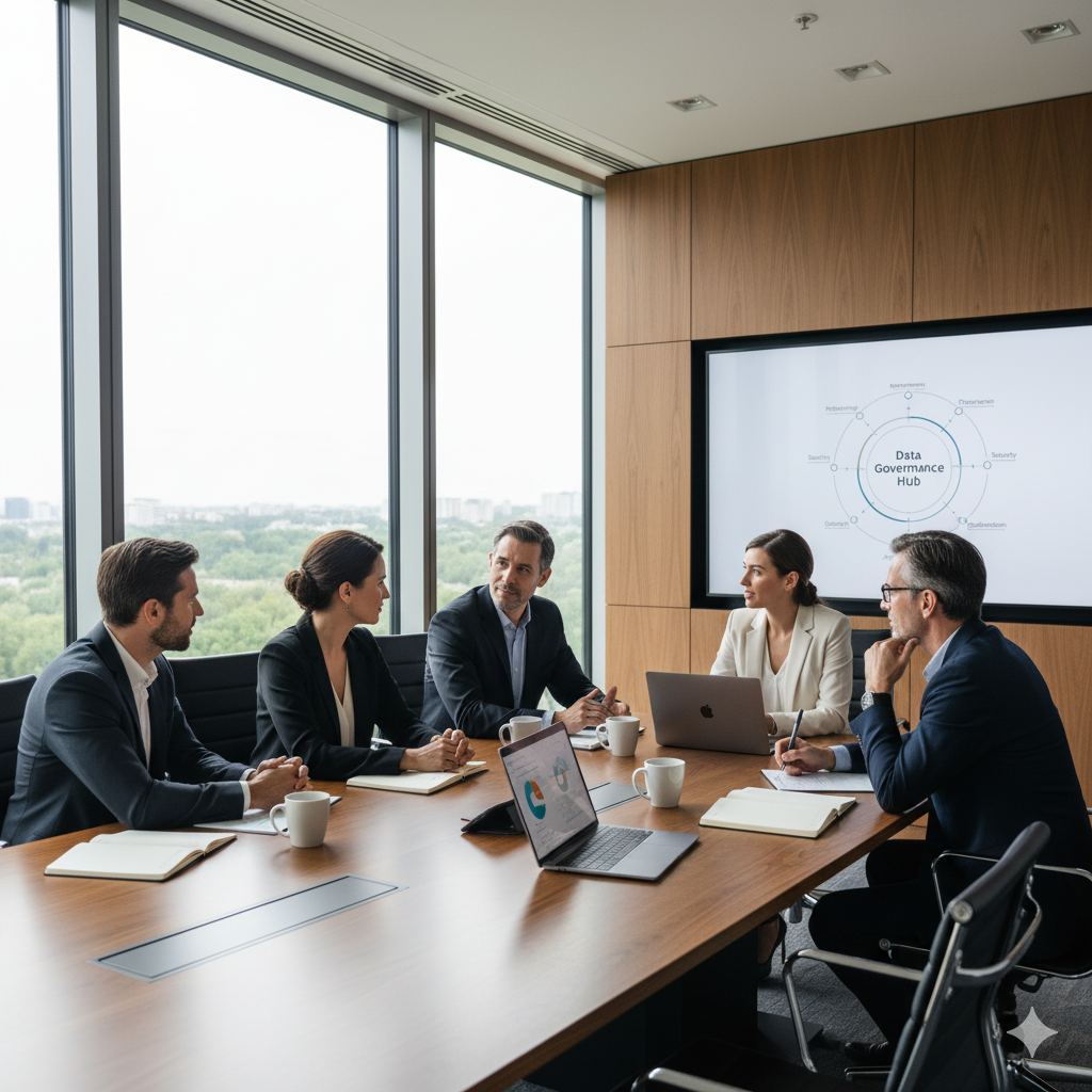 Un groupe diversifié de leaders ou de managers de différents départements (IT, Marketing, Achats, etc.) réunis autour d'une table, engagés dans une discussion stratégique avec MaPS System