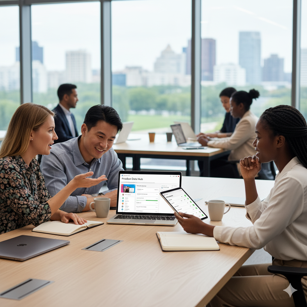 Une équipe de professionnels (Marketing, E-commerce, Achats) en pleine collaboration sur maps system